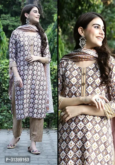 Stylish Beige Cotton Blend Printed Kurta Bottom and Dupatta Set For Women