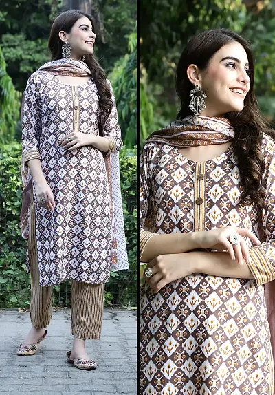 Stylish Cotton A-Line Printed Kurta with Bottom And Dupatta Set