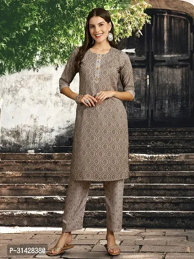 Stylish Grey Melange Cotton Blend Printed Kurta, Bottom and Dupatta Set For Women-thumb3