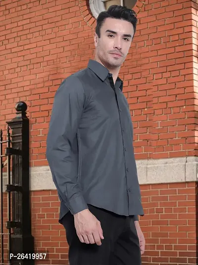 Stylish Cotton Grey Solid Regular Fit Long Sleeve Formal Shirt For Men-thumb3