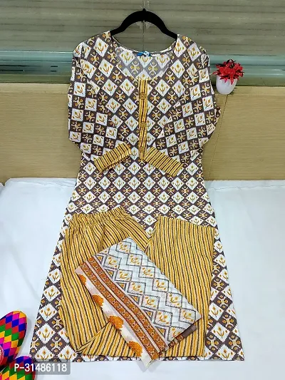 Beautiful Beige Cotton Blend Printed Straight Kurta, Bottom And Dupatta Set For Women-thumb0