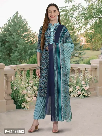 Stylish Teal Cotton Blend Printed Kurta Bottom and Dupatta Set For Women-thumb0