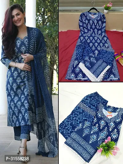 Stylish Blue Viscose Rayon Printed Kurta, Bottom and Dupatta Set For Women-thumb2