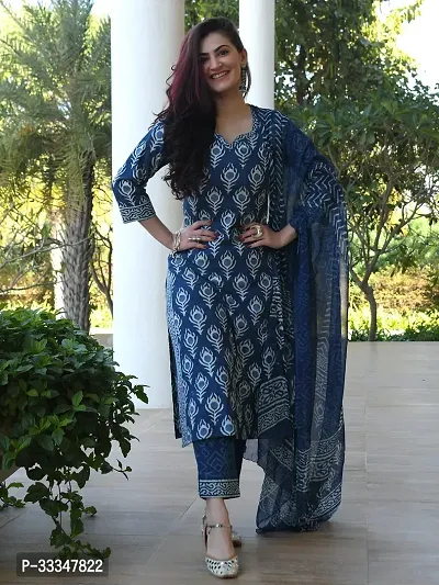 Elegant Blue Cotton Blend Block Print Straight Kurta, Bottom And Dupatta Set For Women-thumb3