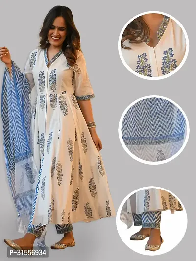 Elegant White Printed A-Line Kurta, Bottom and Dupatta SetFor Women-thumb0