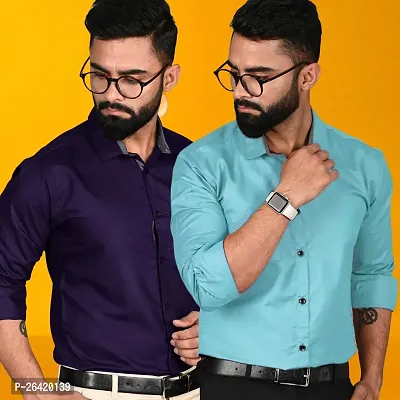 Stylish Cotton Multicoloured Solid Regular Fit Long Sleeves Formal Shirt For Men Pack Of 2