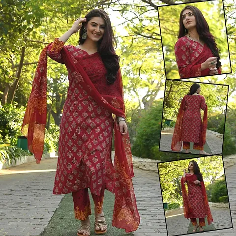 Stylish Rayon Straight Printed Kurta With Pant And Dupatta Set