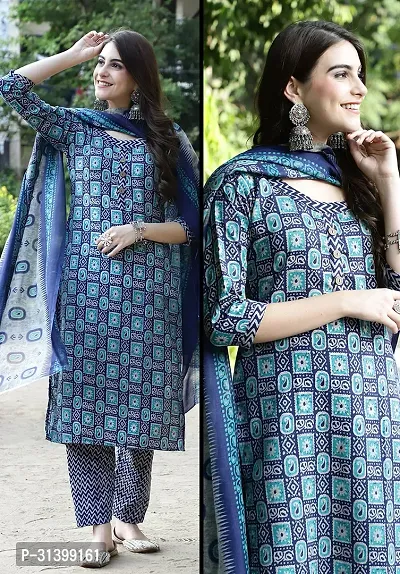 Stylish Blue Cotton Blend Printed Kurta Bottom and Dupatta Set For Women-thumb0