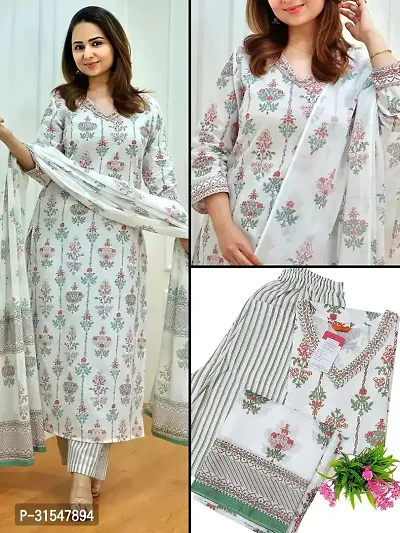 Trendy White Printed Viscose Rayon Kurta Pant With Dupatta For Women