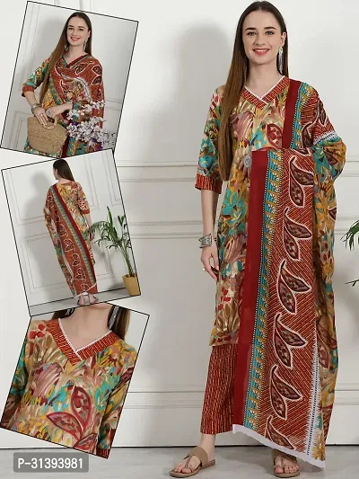 Beautiful Cotton Blend Printed Kurta Pant And Dupatta Set For Women-thumb0