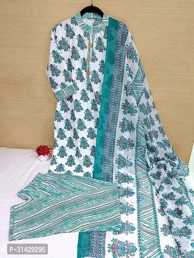 Stylish White Cotton Blend Printed Kurta, Bottom and Dupatta Set for Women