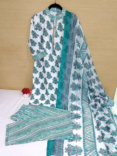 Stylish Cotton Printed Kurta Bottom Dupatta Set