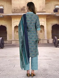 Attractive Teal Printed Cotton Blend Kurta Pant With Dupatta For Women-thumb1