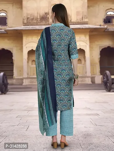 Attractive Teal Printed Cotton Blend Kurta Pant With Dupatta For Women-thumb2