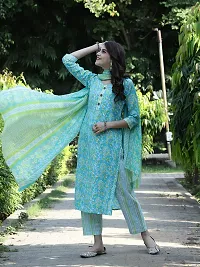 Stylish Turquoise Cotton Blend Printed Kurta, Bottom and Dupatta Set for Women-thumb1