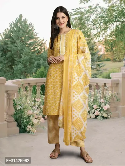 Stylish Yellow Cotton Blend Printed Kurta Bottom and Dupatta Set For Women-thumb0