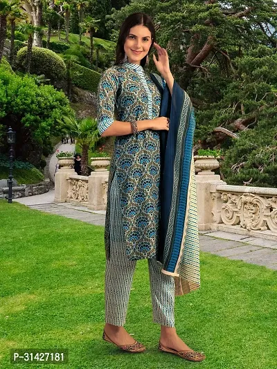 Stylish Teal Cotton Blend Printed Kurta, Bottom and Dupatta Set For Women-thumb5