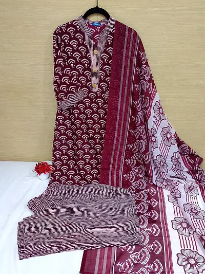 Stylish Cotton Printed Kurta Bottom Dupatta Set