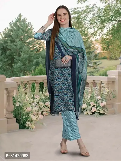 Stylish Teal Cotton Blend Printed Kurta Bottom and Dupatta Set For Women-thumb5