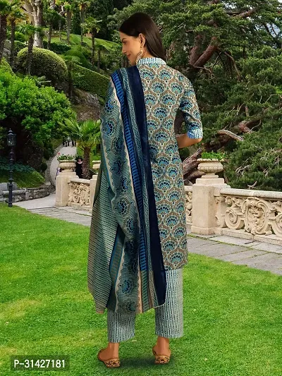 Stylish Teal Cotton Blend Printed Kurta, Bottom and Dupatta Set For Women-thumb3