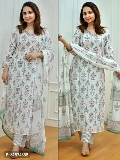 Stylish White Viscose Rayon Kurta, Bottom And Dupatta Set For Women-thumb0