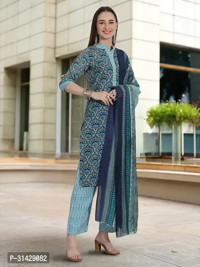 Stylish Teal Cotton Blend Printed Kurta, Bottom and Dupatta Set For Women-thumb5