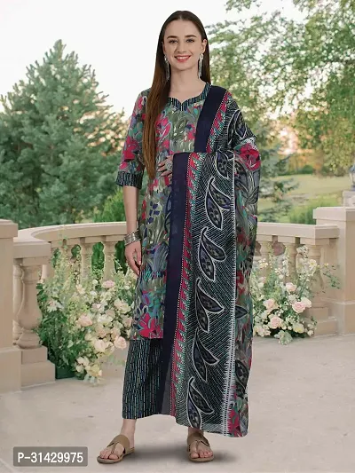 Stylish Multicoloured Cotton Blend Printed Kurta Bottom and Dupatta Set For Women-thumb0