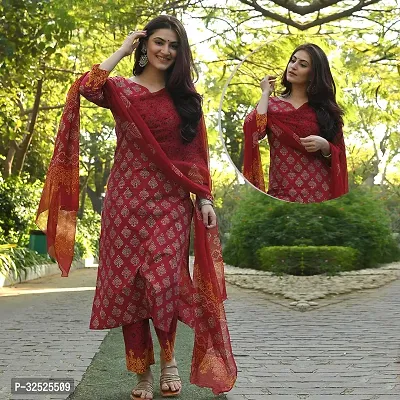 Stylish Red Viscose Rayon Printed Kurta Bottom and Dupatta Set For Women-thumb0