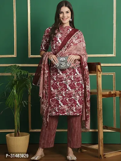 Stylish Maroon Cotton Blend Kurta, Bottom And Dupatta Set For Women-thumb2