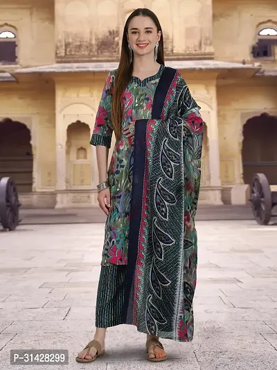 Attractive Green Printed Cotton Blend Kurta Pant With Dupatta For Women-thumb0