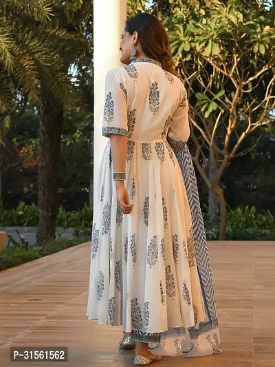 Elegant White Viscose Rayon Printed A-Line Kurta, Bottom And Dupatta Set For Women-thumb4