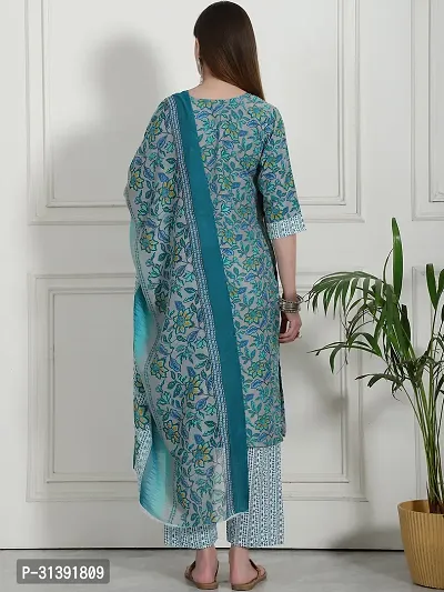 Stylish Blue Cotton Blend Printed Kurta, Bottom and Dupatta Set For Women-thumb3