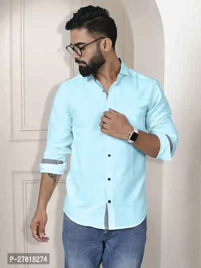 Stylish Blue Cotton Solid Regular Fit Long Sleeve Casual Shirt For Men-thumb2