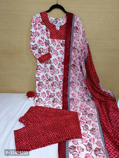 Stylish Red Cotton Blend Printed Kurta, Bottom and Dupatta Set for Women-thumb0