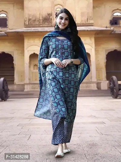 Attractive Blue Printed Cotton Blend Kurta Pant With Dupatta For Women-thumb0