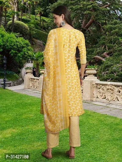 Stylish Yellow Cotton Blend Printed Kurta, Bottom and Dupatta Set For Women-thumb3