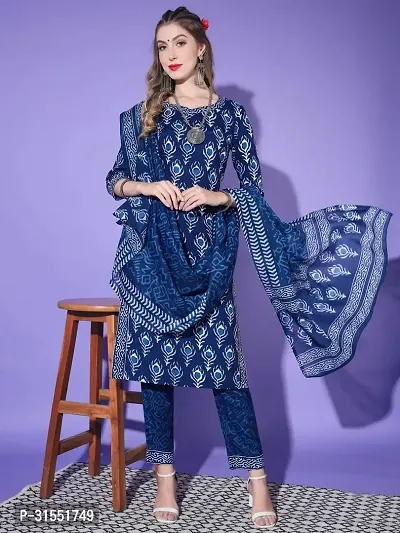 Stylish Blue Kurta Bottom Dupatta Set For Women-thumb0