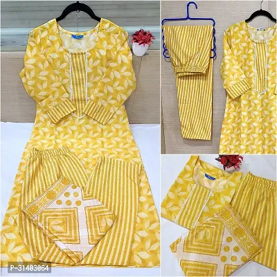 Stylish Yellow Cotton Blend Kurta, Bottom And Dupatta Set For Women-thumb0