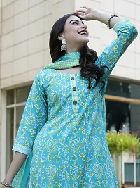 Stylish Turquoise Cotton Blend Printed Kurta, Bottom and Dupatta Set For Women-thumb4