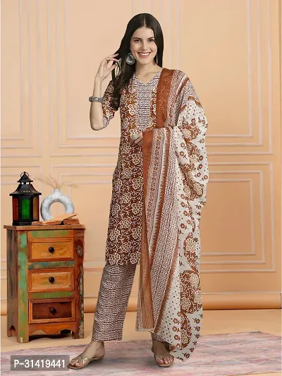 Fancy Cotton Blend Kurta Bottom And Dupatta Set For Women-thumb0