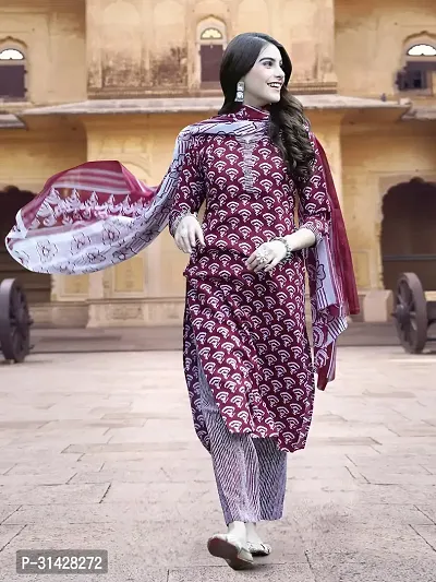 Attractive Maroon Printed Cotton Blend Kurta Pant With Dupatta For Women-thumb0