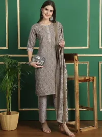 Stylish Grey Cotton Blend Printed Kurta Bottom and Dupatta Set For Women-thumb1