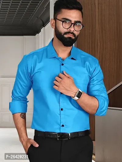 Stylish Cotton Blue Solid Regular Fit Long Sleeve Formal Shirt For Men