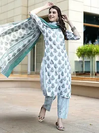 Stylish White Cotton Blend Printed Kurta, Bottom and Dupatta Set For Women-thumb3