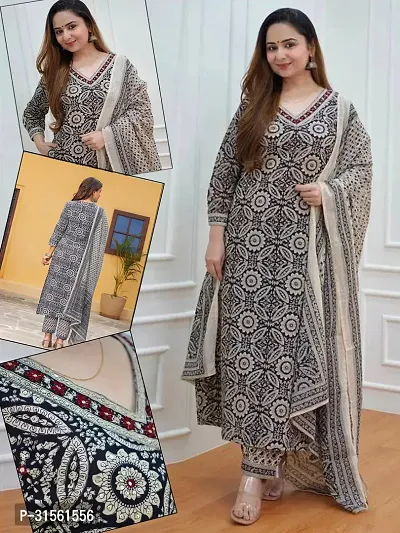 Elegant Black Viscose Rayon Printed Straight Kurta, Bottom And Dupatta Set For Women-thumb0