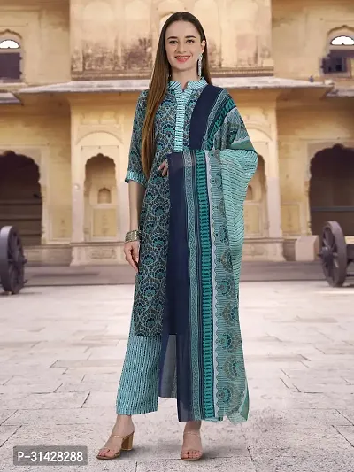 Attractive Teal Printed Cotton Blend Kurta Pant With Dupatta For Women-thumb0