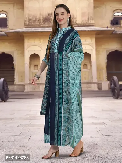 Attractive Teal Printed Cotton Blend Kurta Pant With Dupatta For Women-thumb3