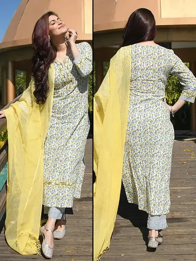 Elegant Silk Floral Print Straight 3/4 Sleeve Kurta With Pant Set