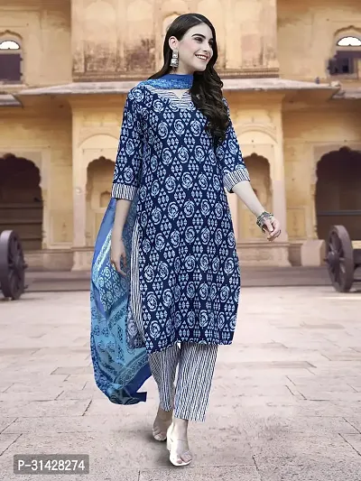 Attractive Navy Blue Printed Cotton Blend Kurta Pant With Dupatta For Women-thumb0