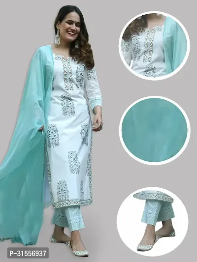 Elegant White Viscose Rayon Printed Straight Kurta, Bottom and Dupatta SetFor Women-thumb0